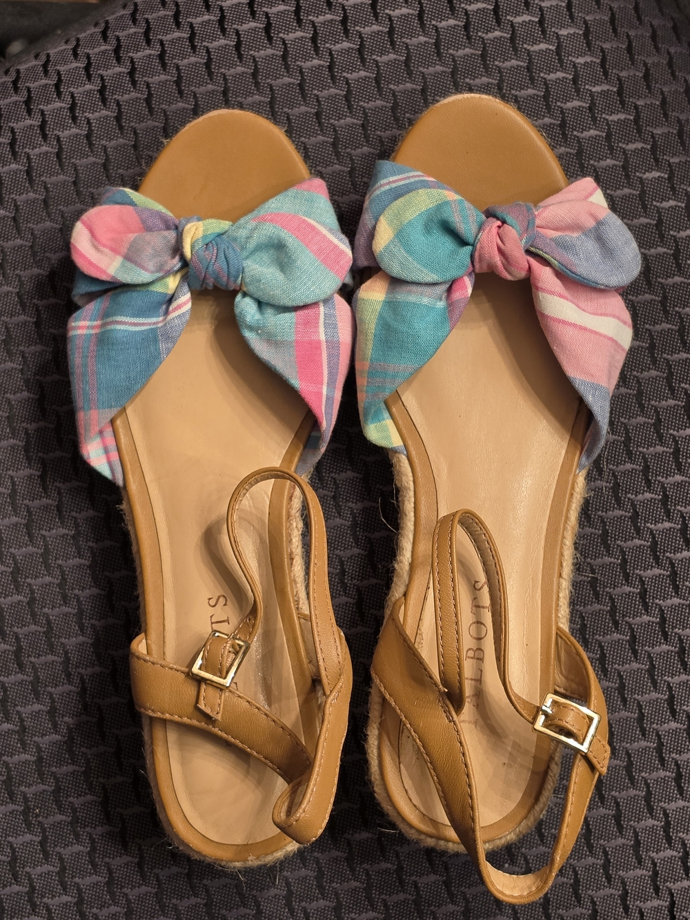 Talbots Tan Espadrille Sandals with Pink & Blue Plaid Knot Size 6.5 - Picture 4 of 9